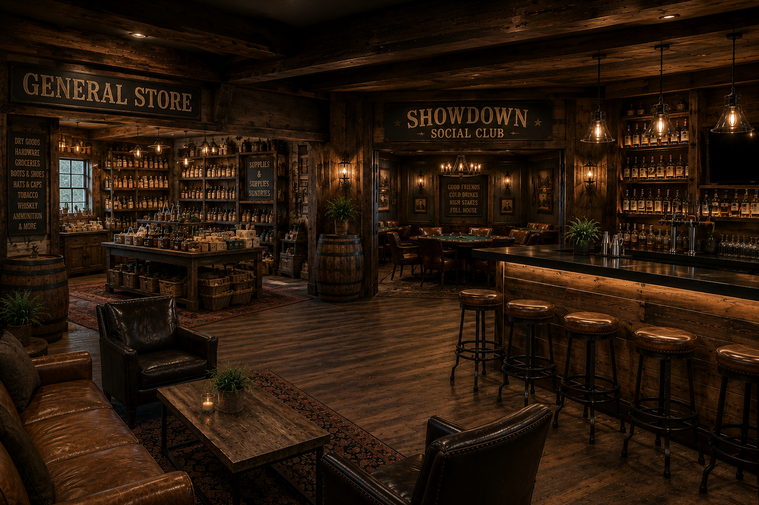 Rustic western bar and general store interior