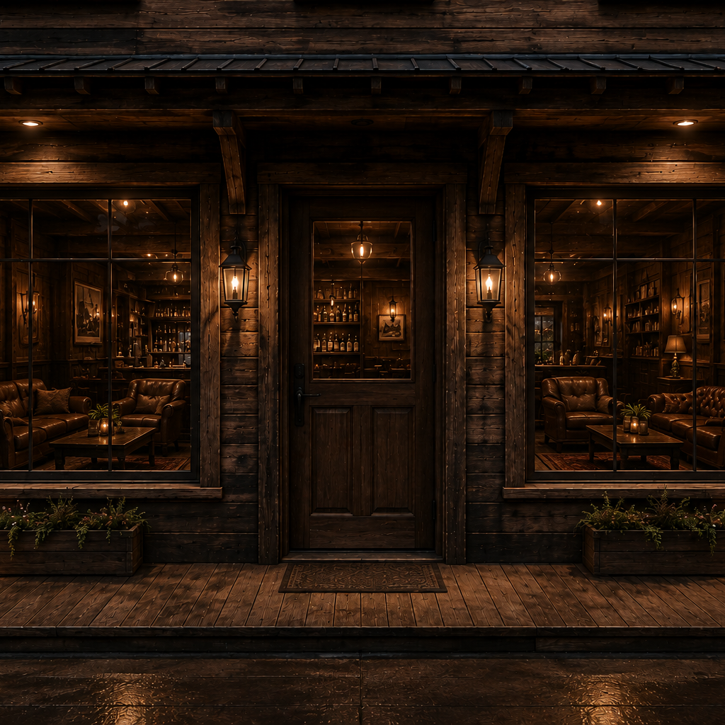 Cozy dimly lit wooden pub exterior