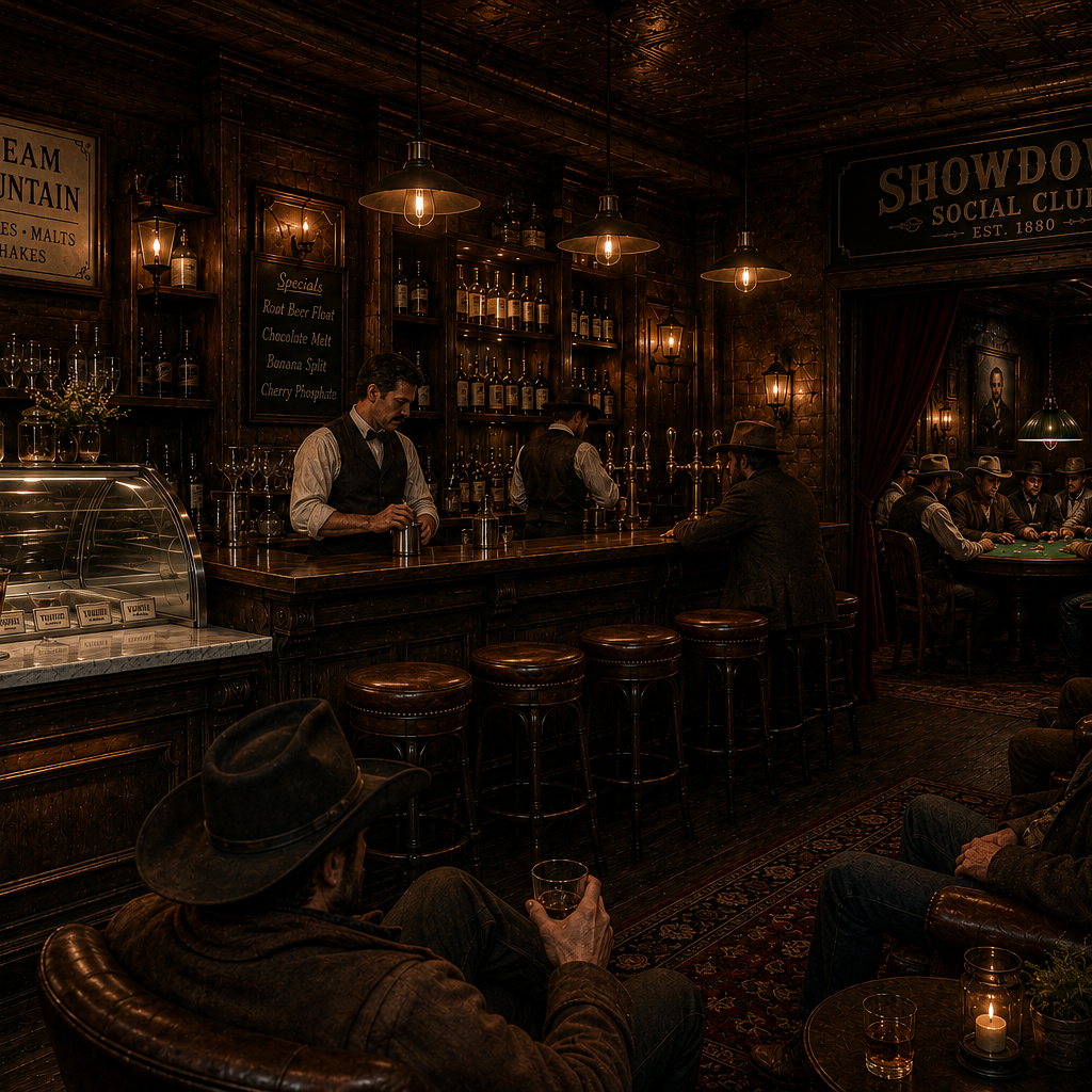 Vintage western saloon interior with patrons