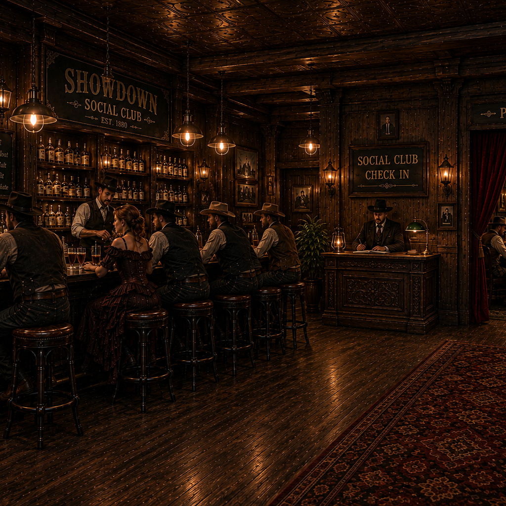 Dimly lit western saloon with seated patrons